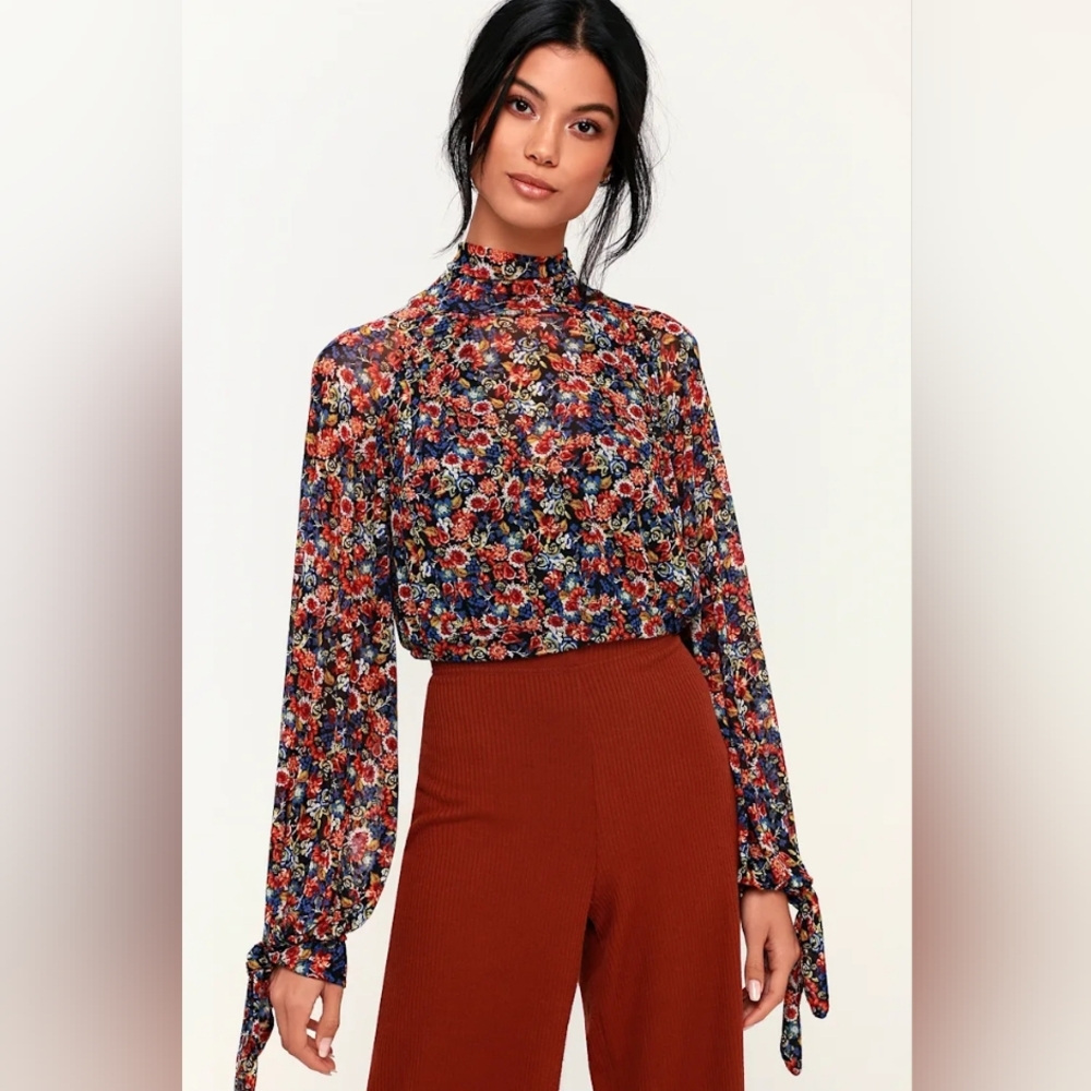 NWT Free People All Dolled Up Black Combo Floral Mesh Long Sleeve Crop Top